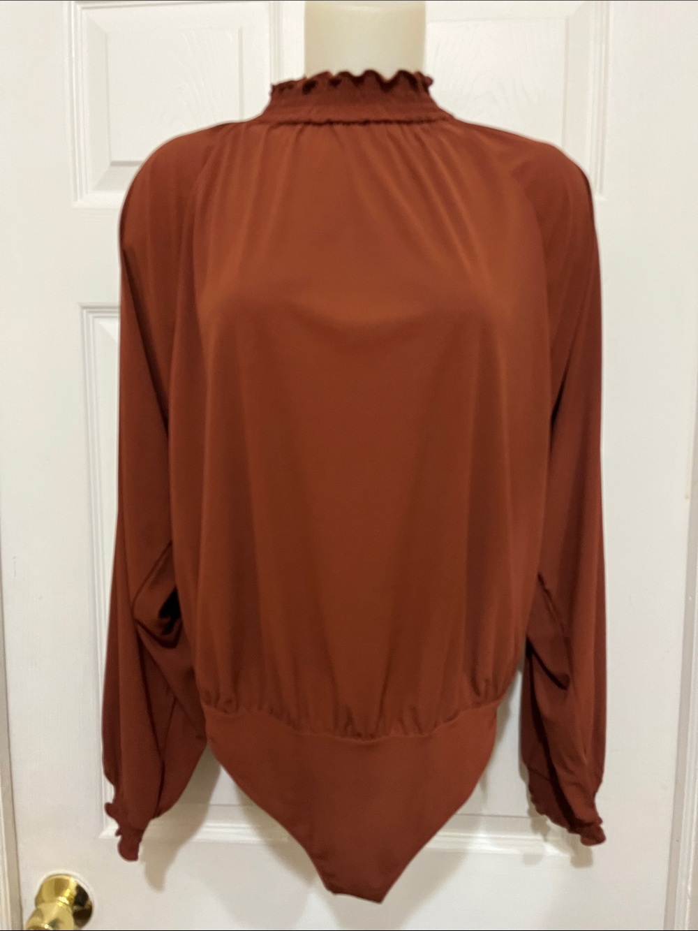 Express Rust Ruffled Mock Neck Long-Sleeve Bodysuit - Picture 6 of 6